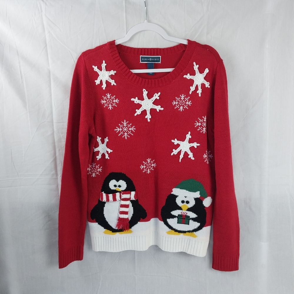 Womens Christmas Sweater Size M Karen Scott Red Penguins Snowflakes